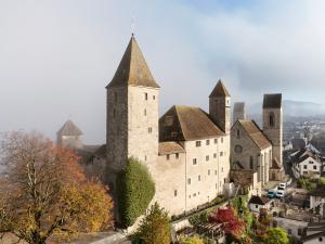 Das Schloss Rapperswil im Morgengrauen umringt von herbstlichem Nebel